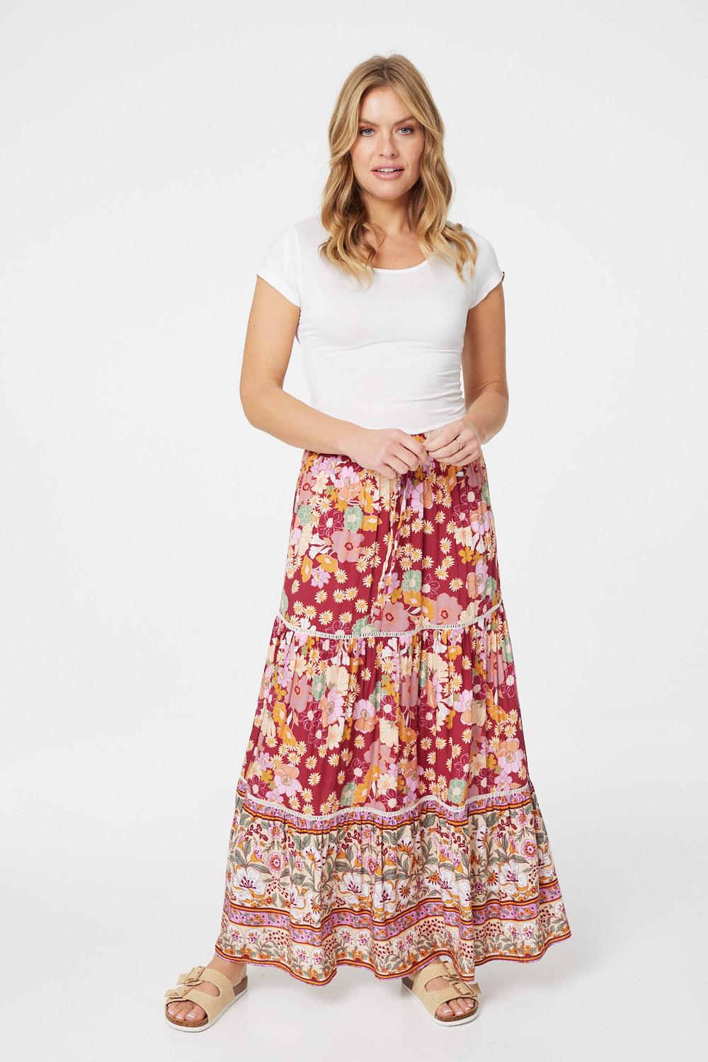 Pink | Floral Border Print Maxi Skirt