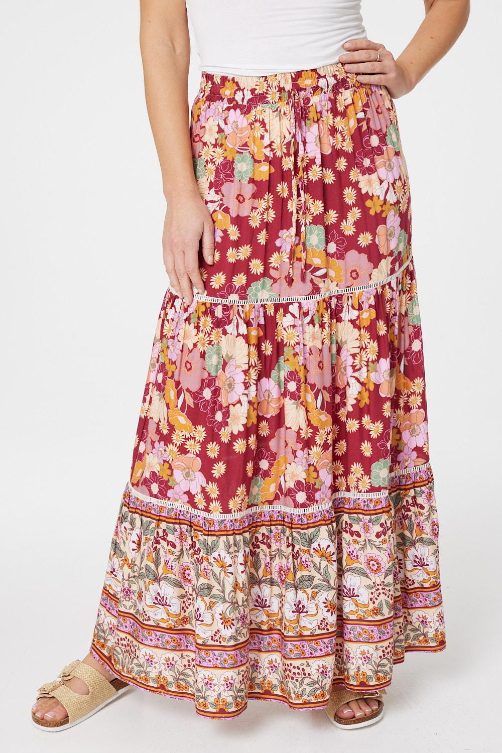 Pink | Floral Border Print Maxi Skirt