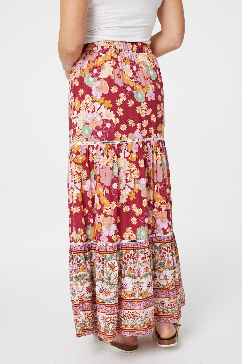 Pink | Floral Border Print Maxi Skirt