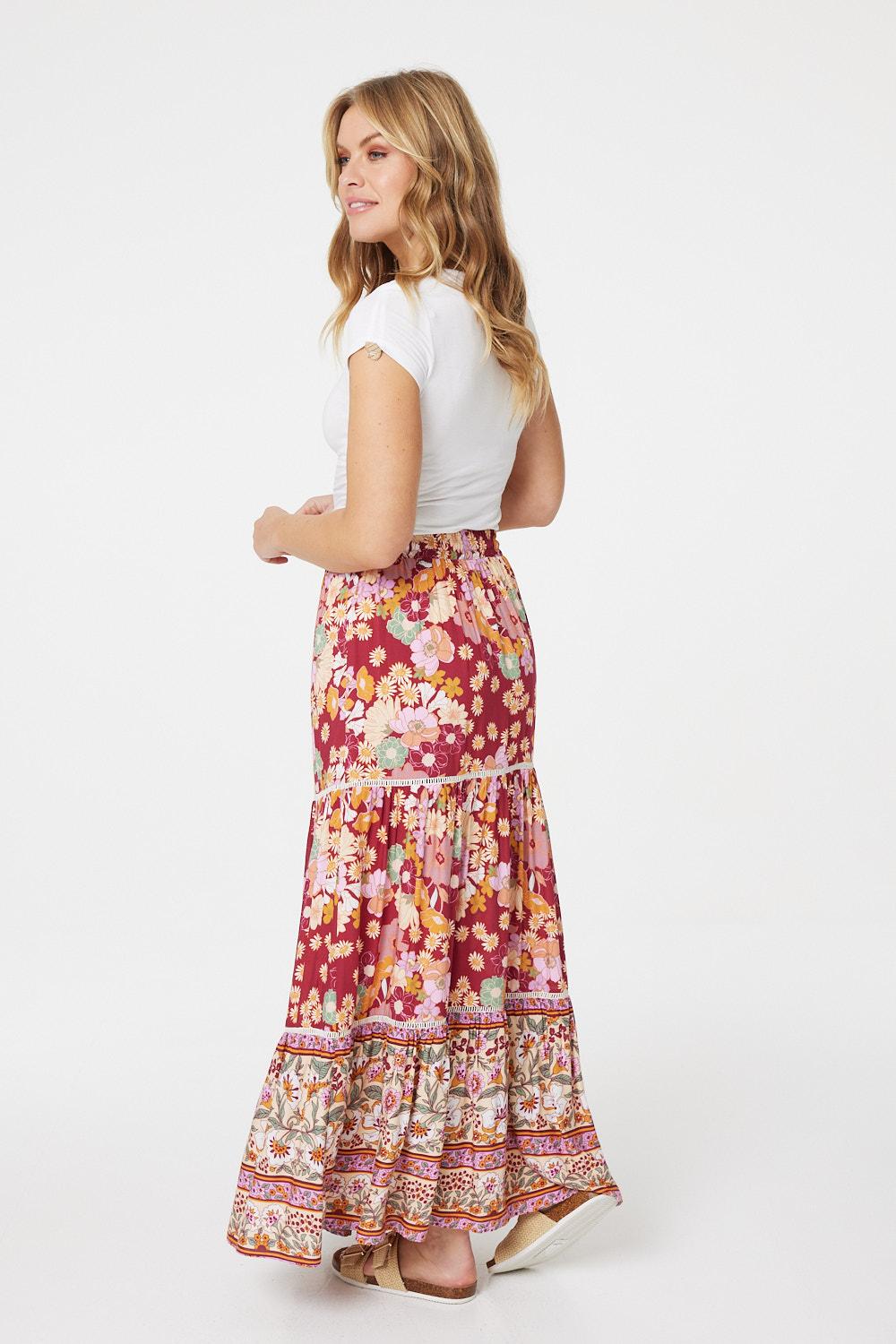Pink | Floral Border Print Maxi Skirt
