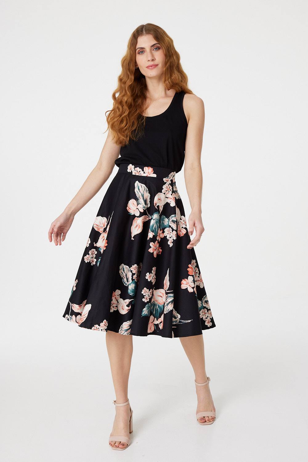 Black | Floral High Waist Skater Midi Skirt