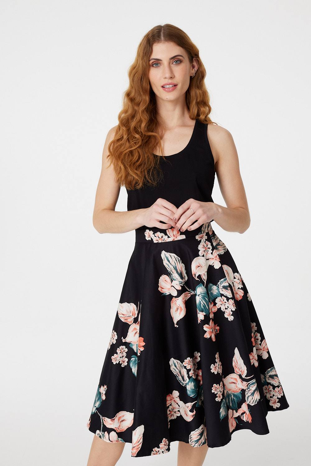 Black | Floral High Waist Skater Midi Skirt