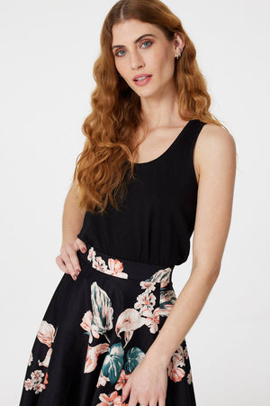 Black | Floral High Waist Skater Midi Skirt