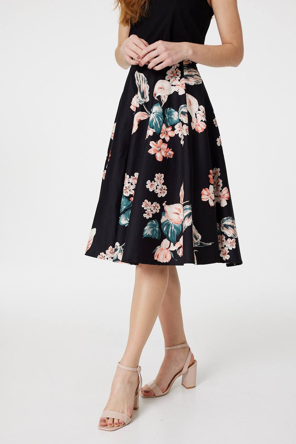 Black | Floral High Waist Skater Midi Skirt