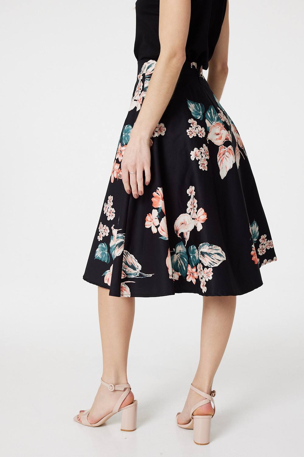 Black | Floral High Waist Skater Midi Skirt