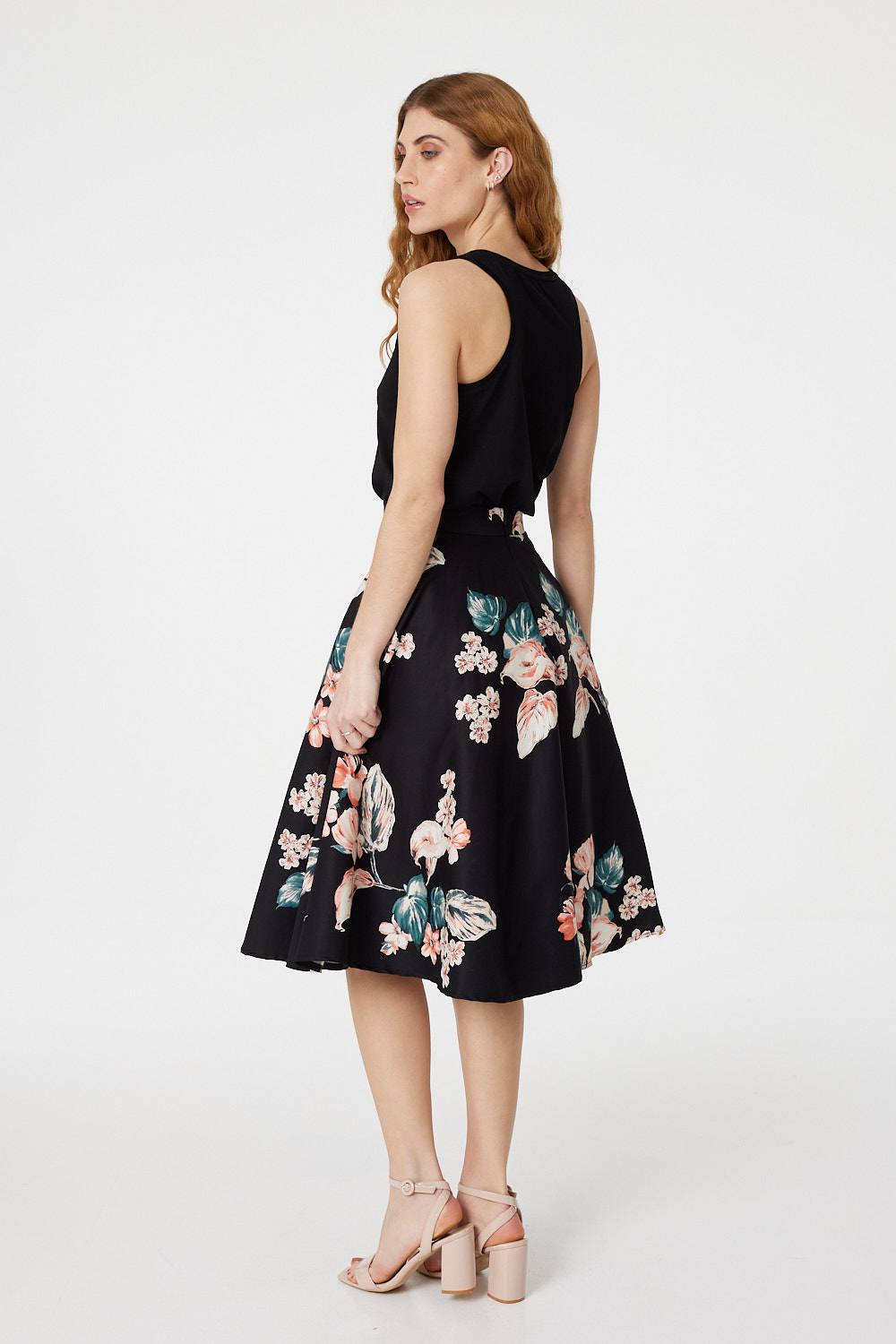 Black | Floral High Waist Skater Midi Skirt