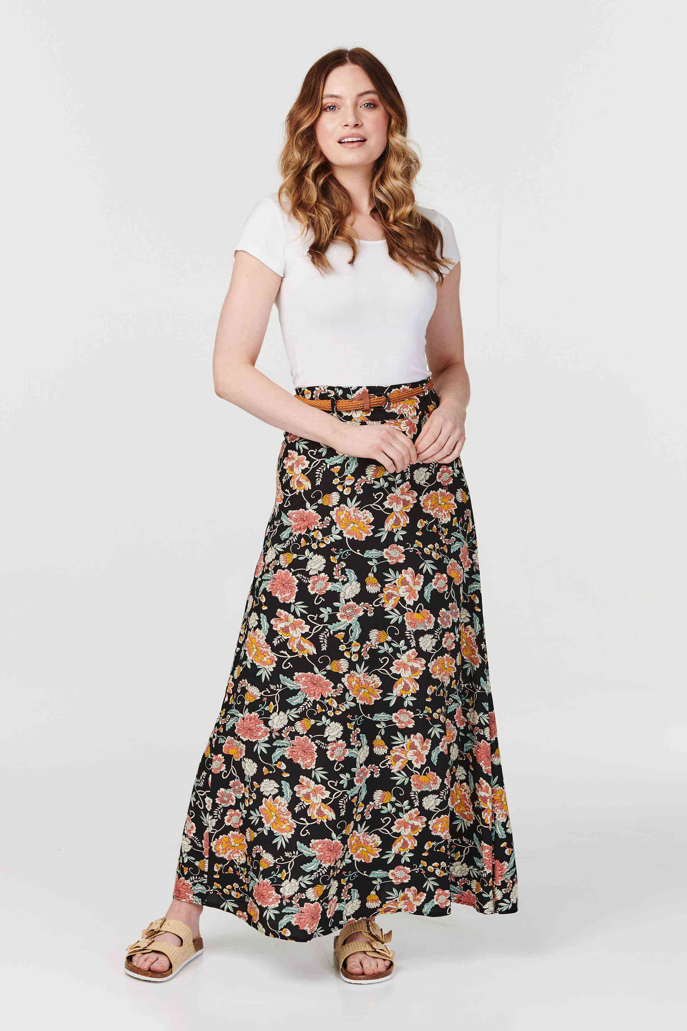 Blue Shirred Waist Floral Maxi Skirt  The Branch Boutique