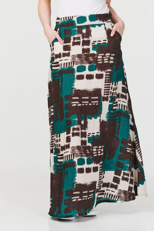 Green | Abstract Print A-Line Maxi Skirt