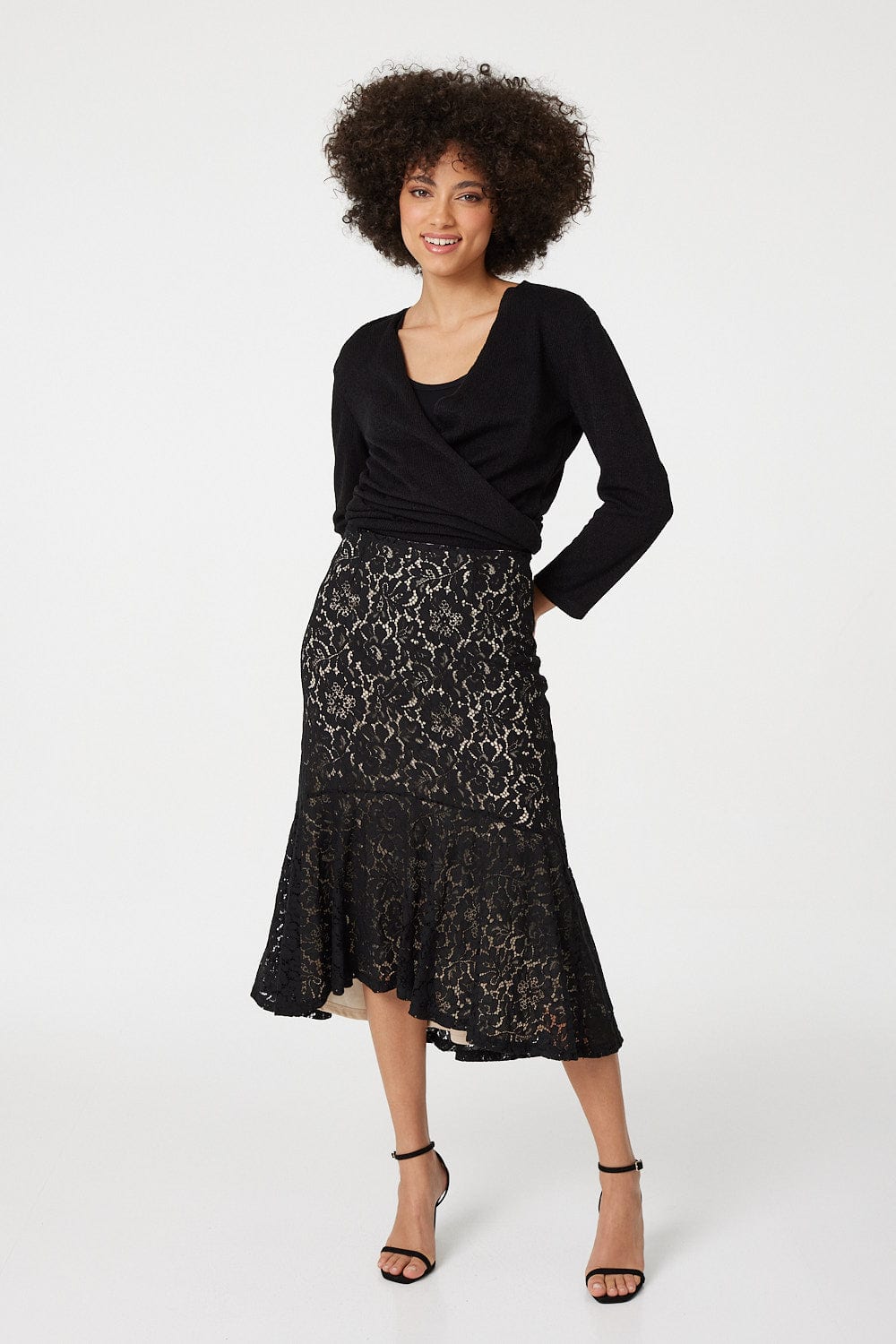 Black | Lace Peplum Midi Skirt