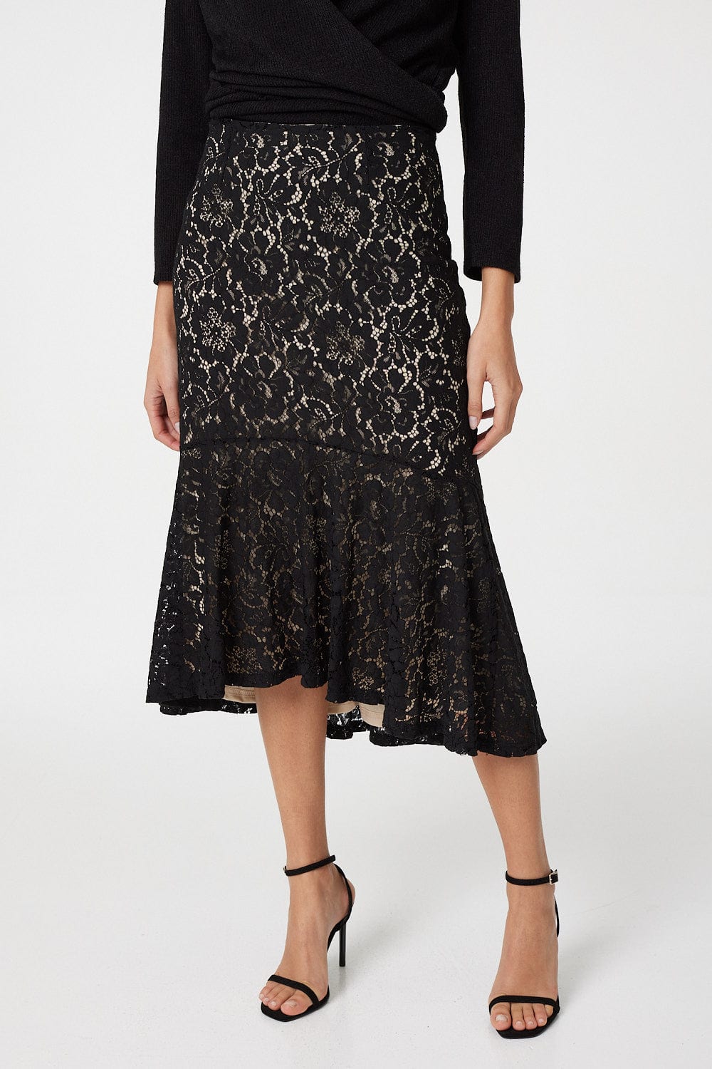 Black | Lace Peplum Midi Skirt