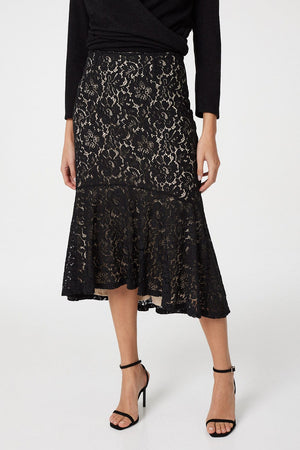 Black | Lace Peplum Midi Skirt