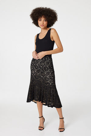 Black | Lace Peplum Midi Skirt