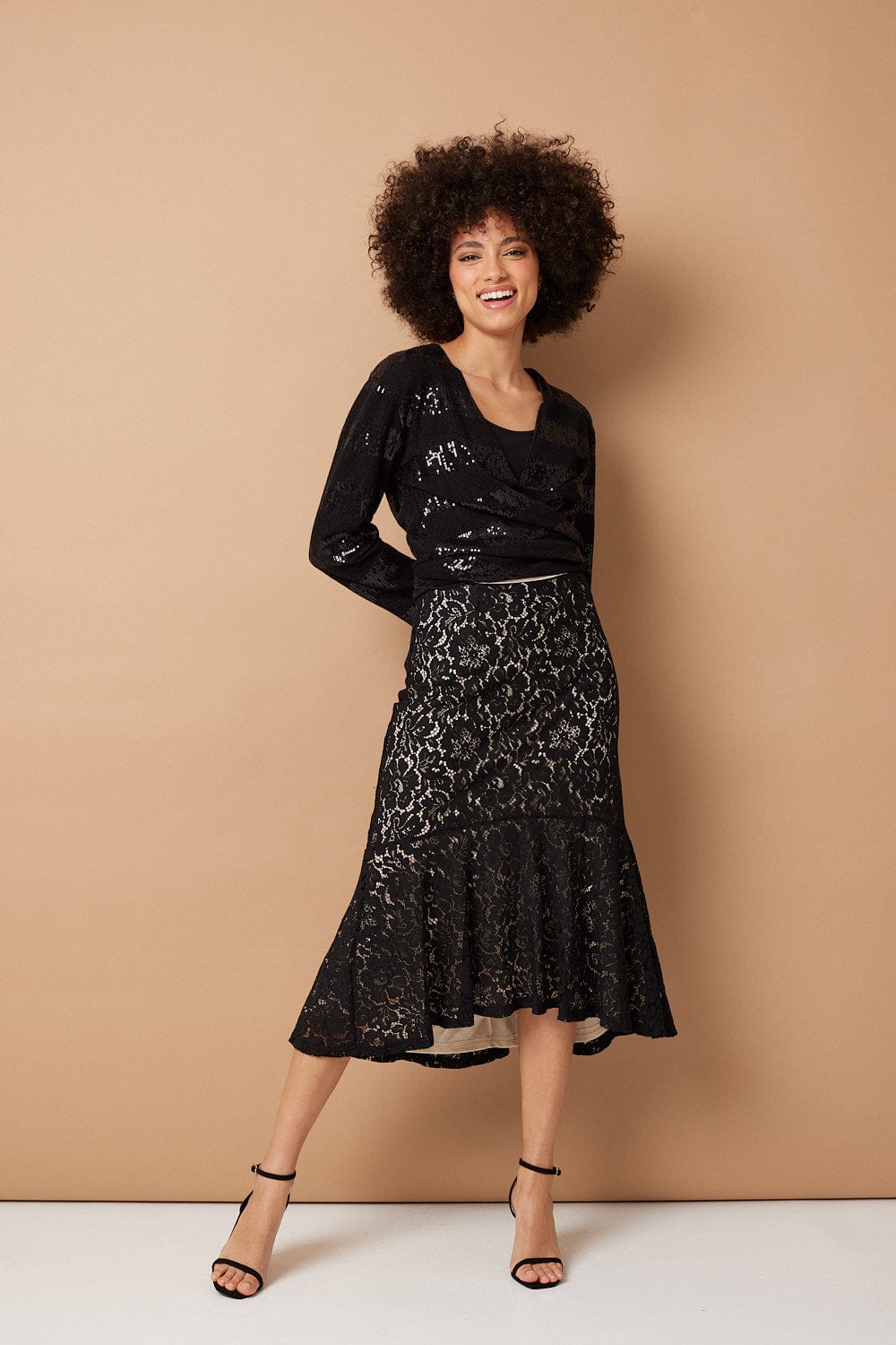 Black | Lace Peplum Midi Skirt