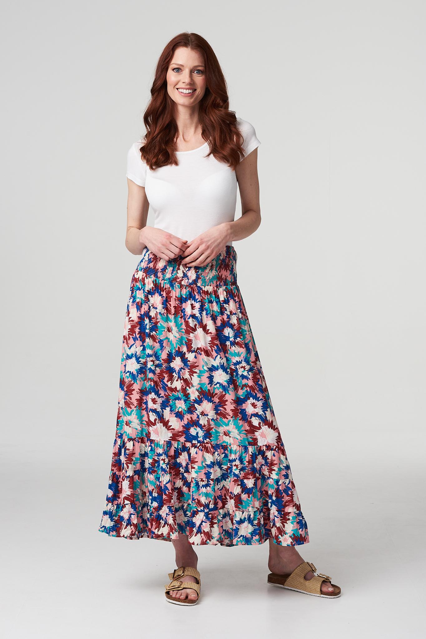 Pink | Floral Tiered Hem Midi Skirt