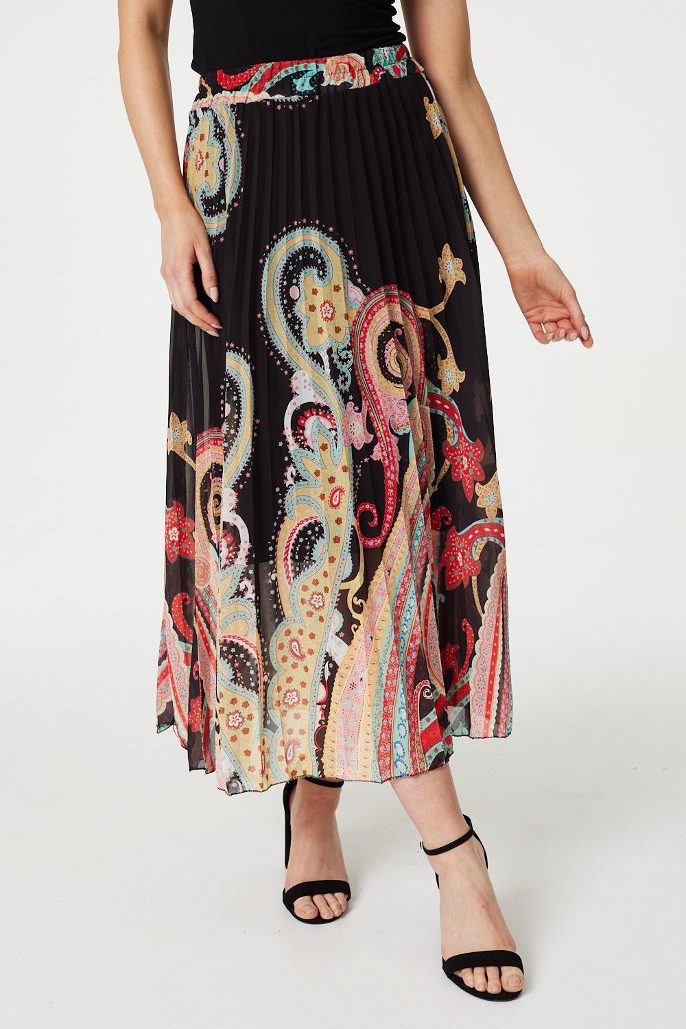 Black | Paisley Pleated A-Line Maxi Skirt