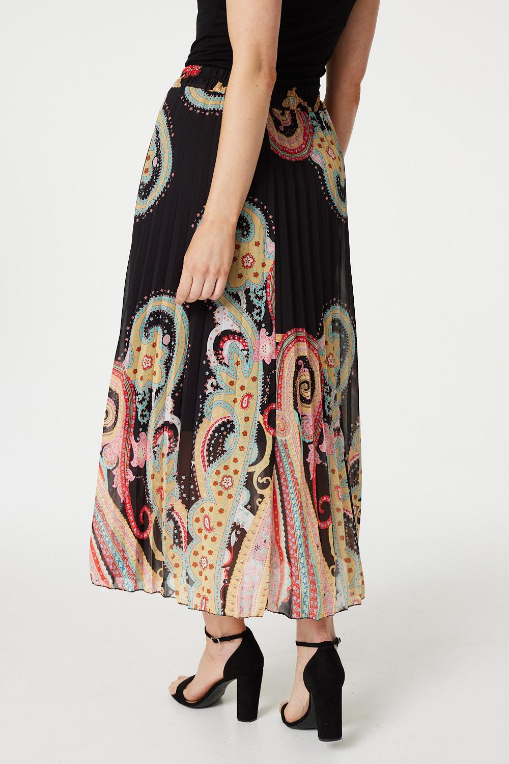 Black | Paisley Pleated A-Line Maxi Skirt