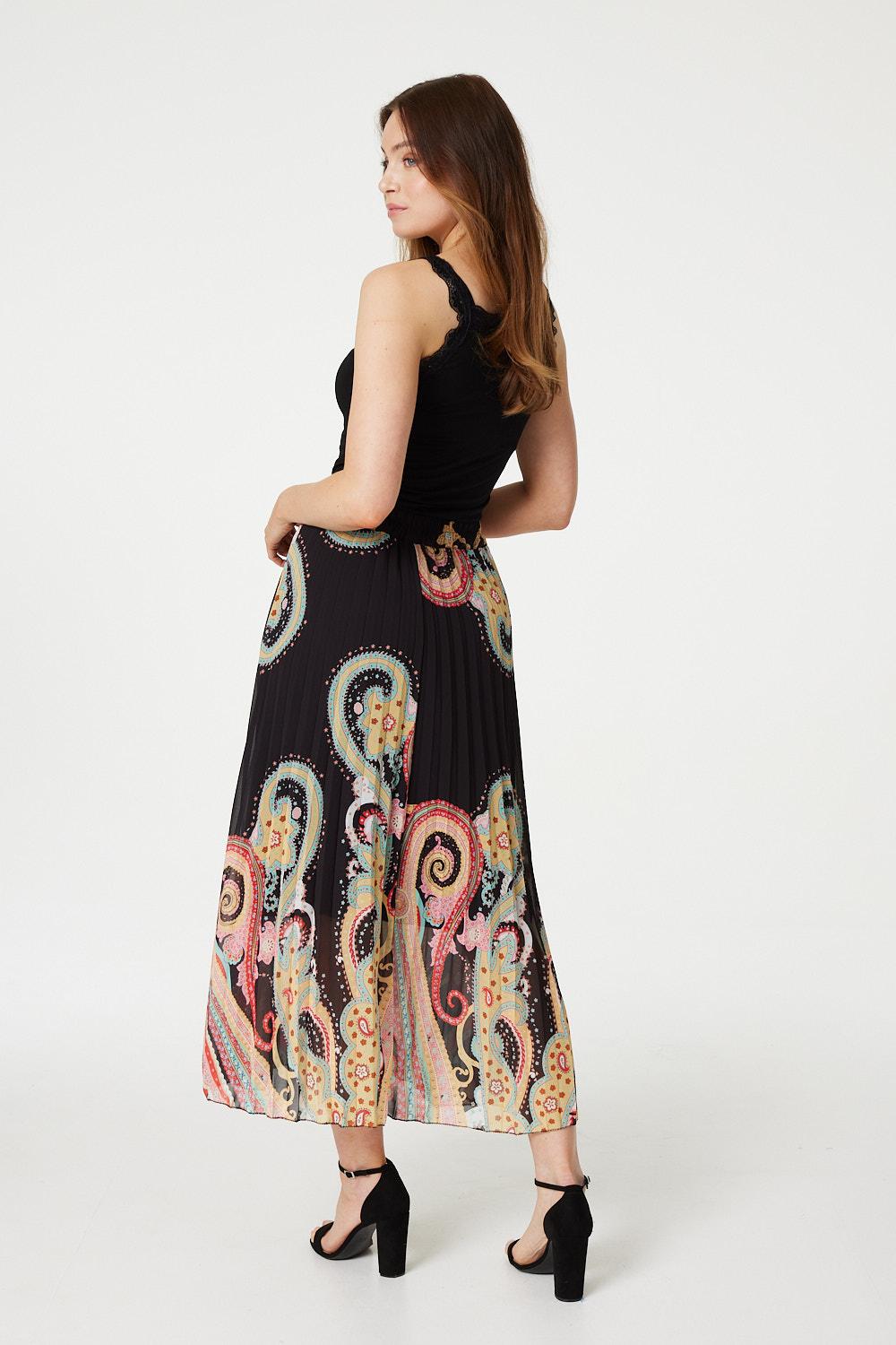 Black | Paisley Pleated A-Line Maxi Skirt