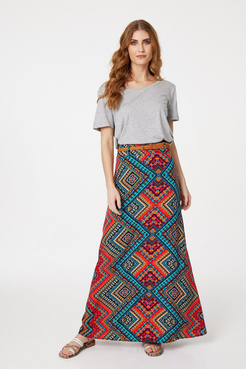Red | Aztec Print A-Line Maxi Skirt