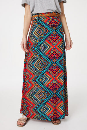 Red | Aztec Print A-Line Maxi Skirt