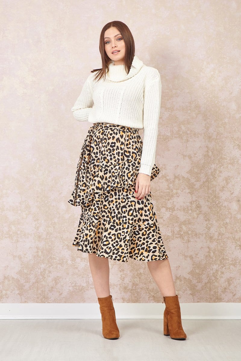 Beige | Leopard Print Tie Waist Skirt