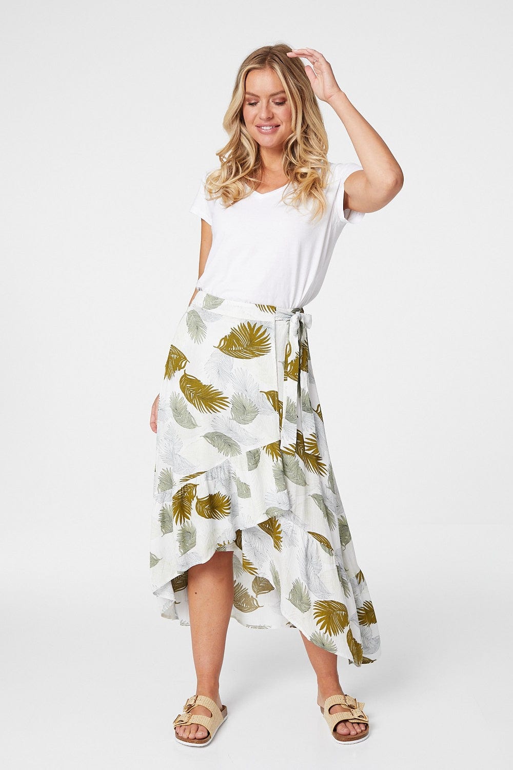 Green | Tropical Print Wrap Front Midi Skirt
