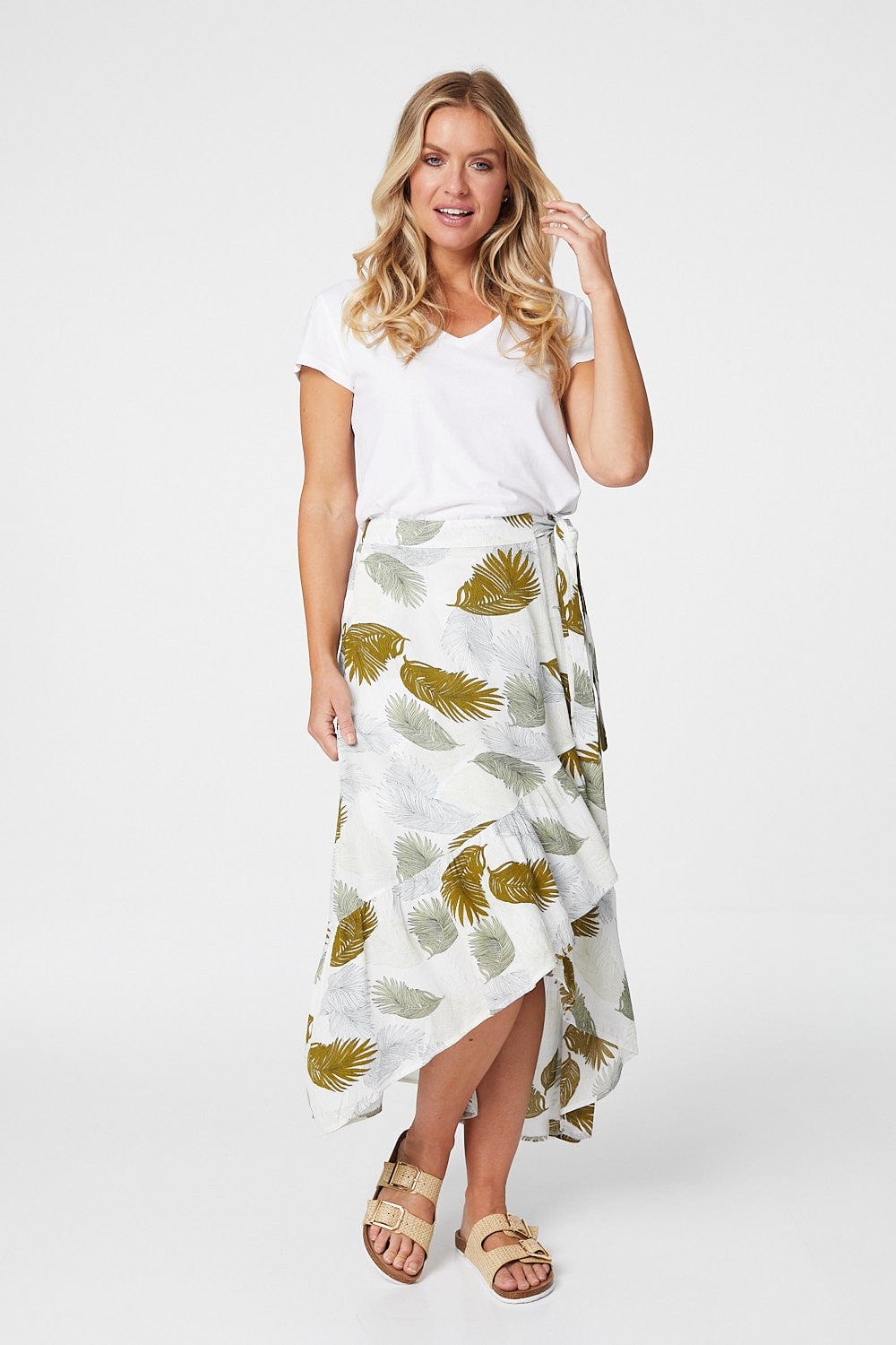 Green | Tropical Print Wrap Front Midi Skirt
