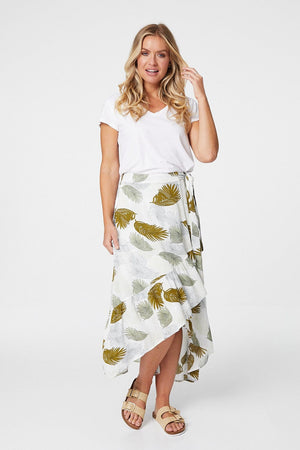 Green | Tropical Print Wrap Front Midi Skirt