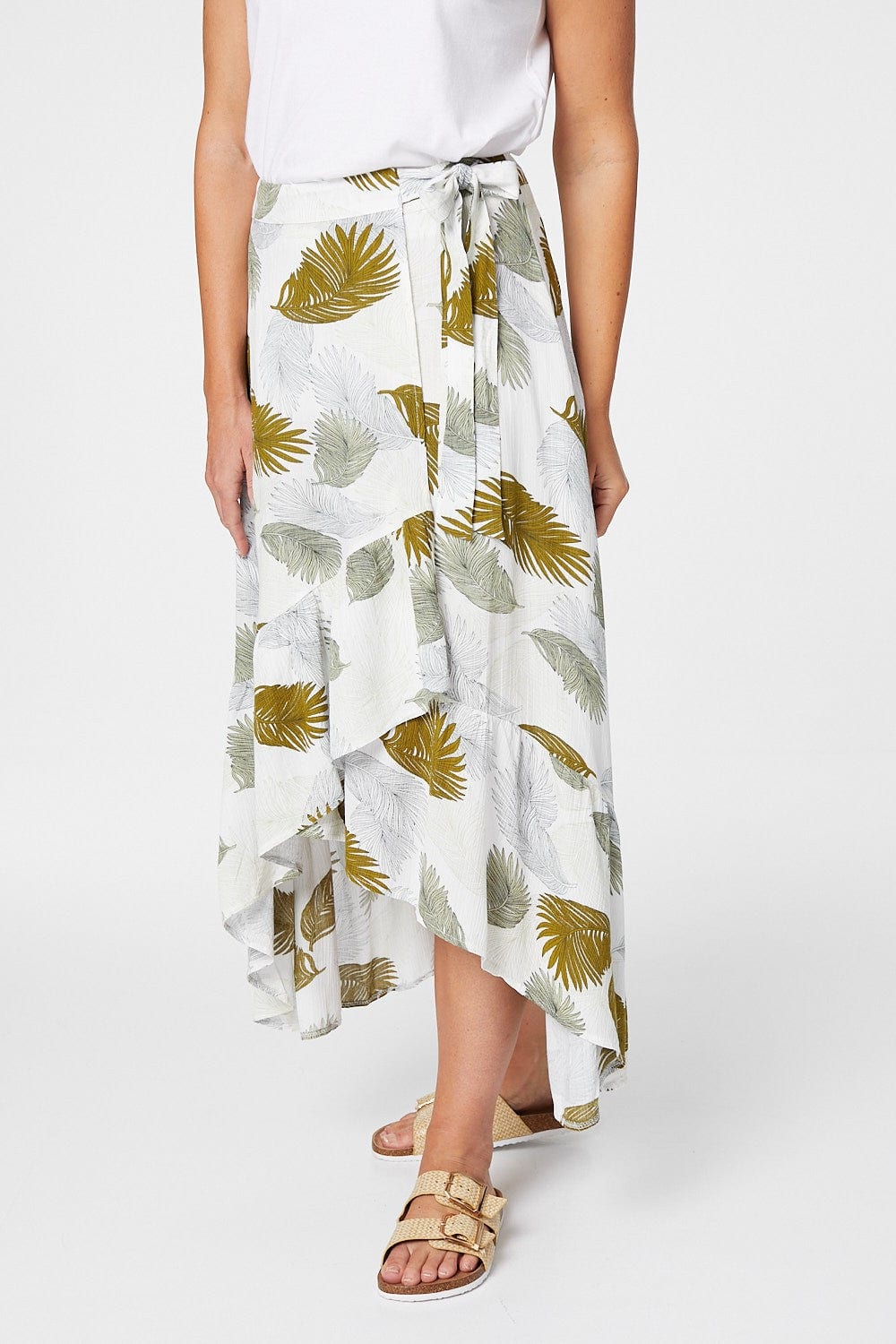 Green | Tropical Print Wrap Front Midi Skirt