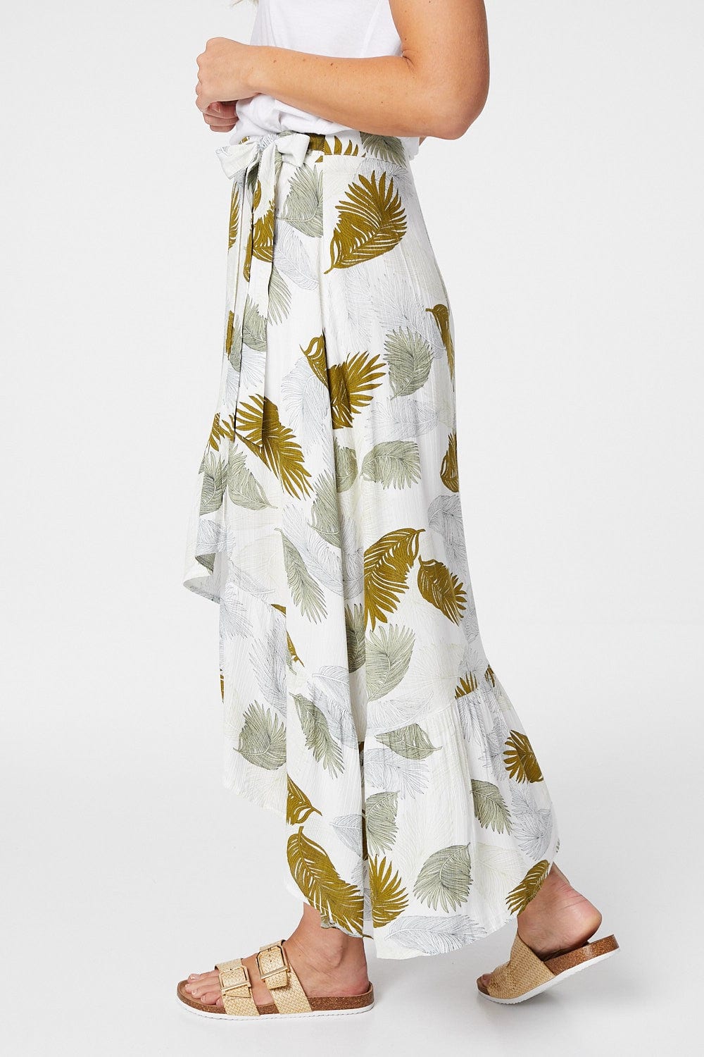 Green | Tropical Print Wrap Front Midi Skirt