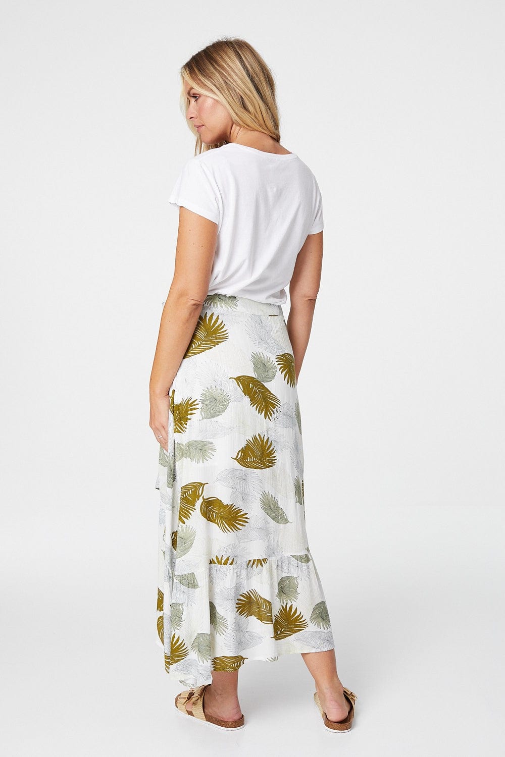 Green | Tropical Print Wrap Front Midi Skirt