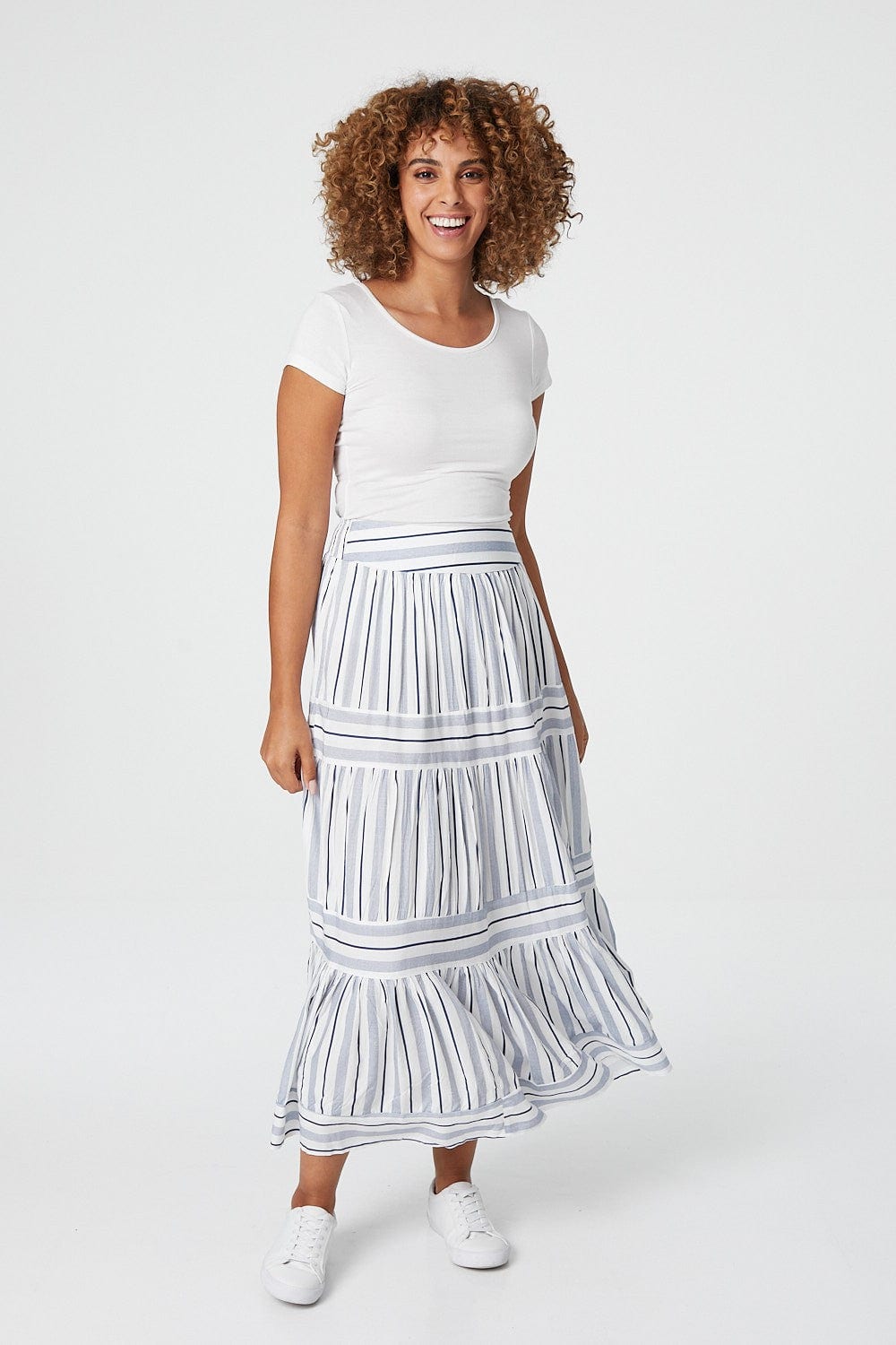 Blue | Striped High Waist Tiered Maxi Skirt