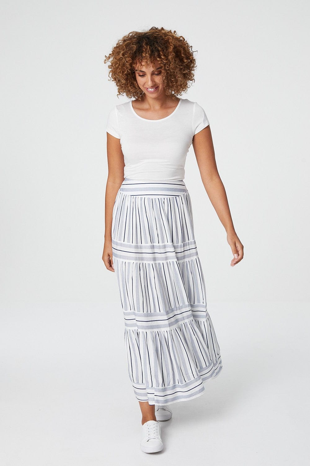 Blue | Striped High Waist Tiered Maxi Skirt