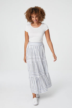 Blue | Striped High Waist Tiered Maxi Skirt