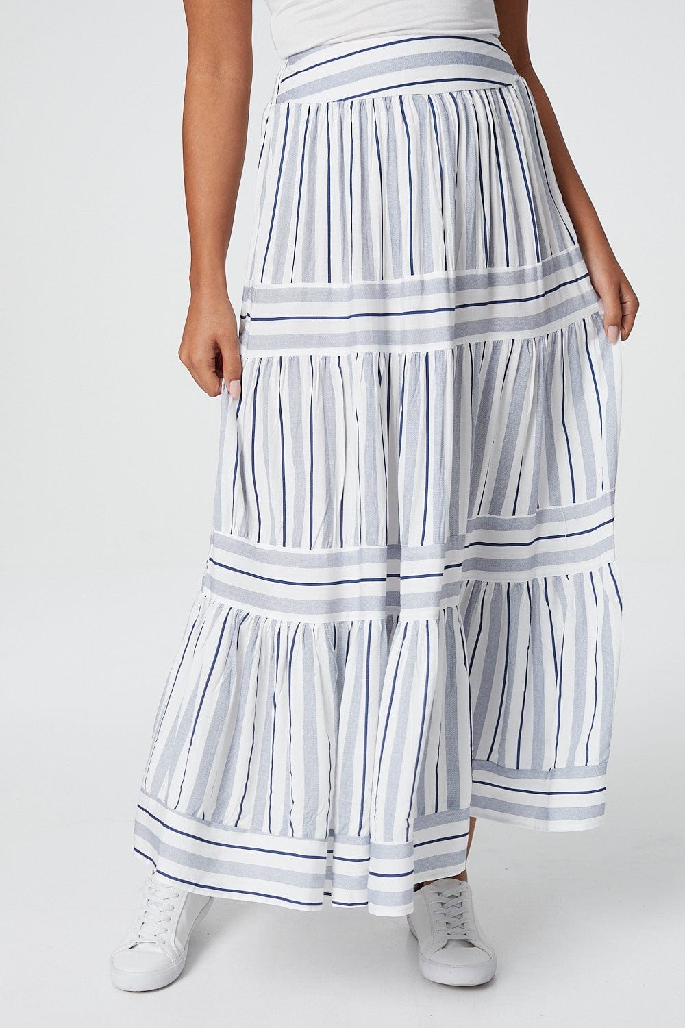 Blue | Striped High Waist Tiered Maxi Skirt