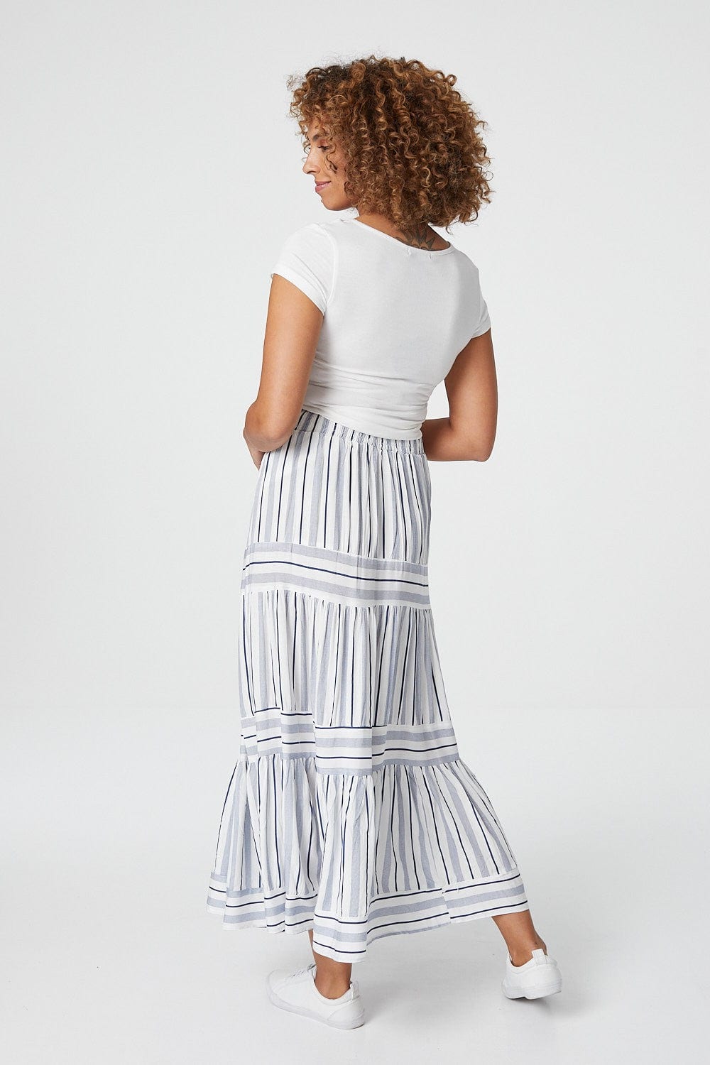 Blue | Striped High Waist Tiered Maxi Skirt