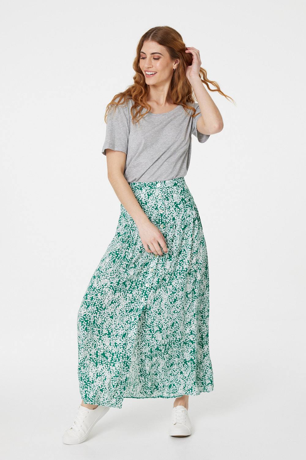 Green | Leaf Print Button Front Midi Skirt