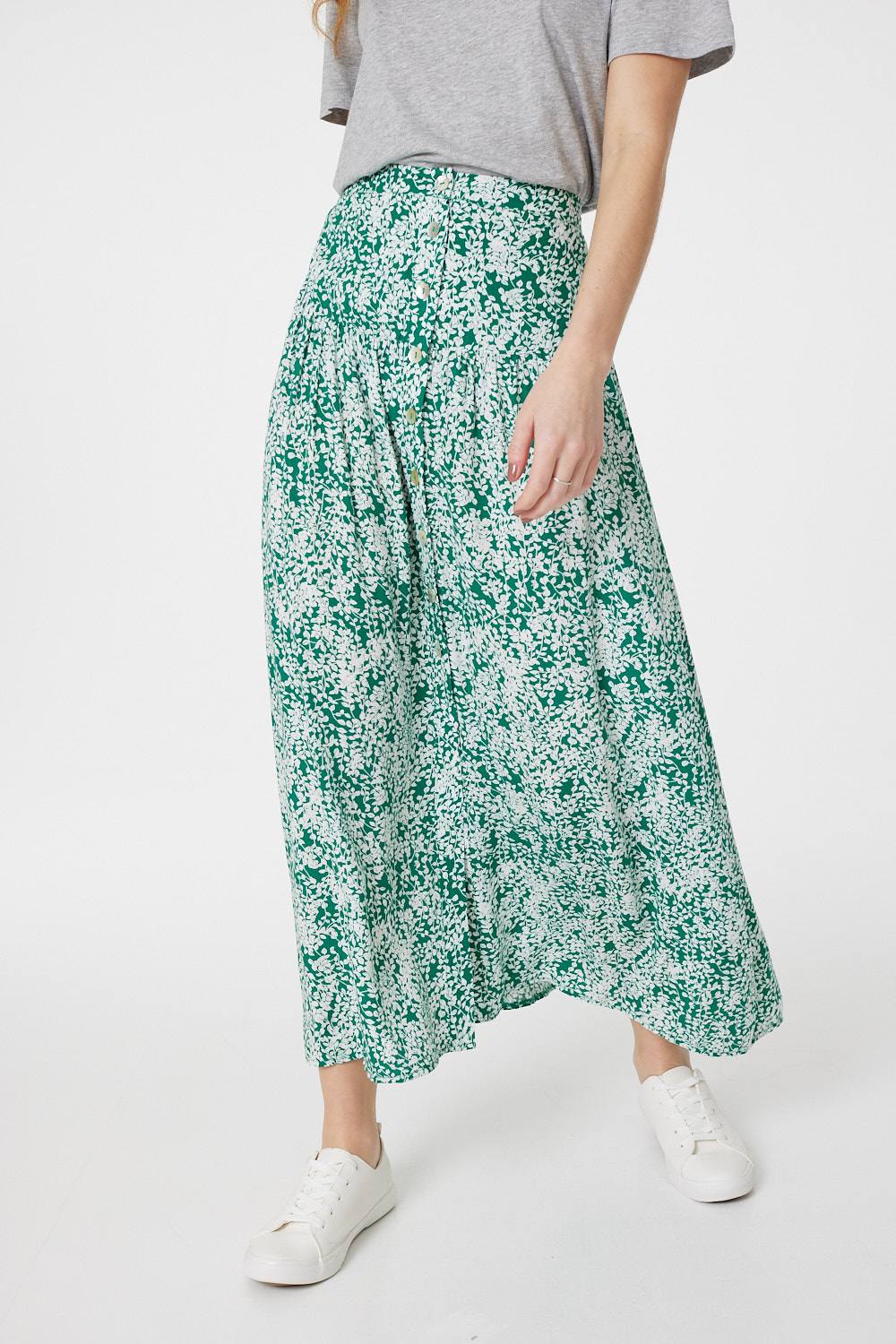 Green | Leaf Print Button Front Midi Skirt