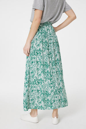 Green | Leaf Print Button Front Midi Skirt