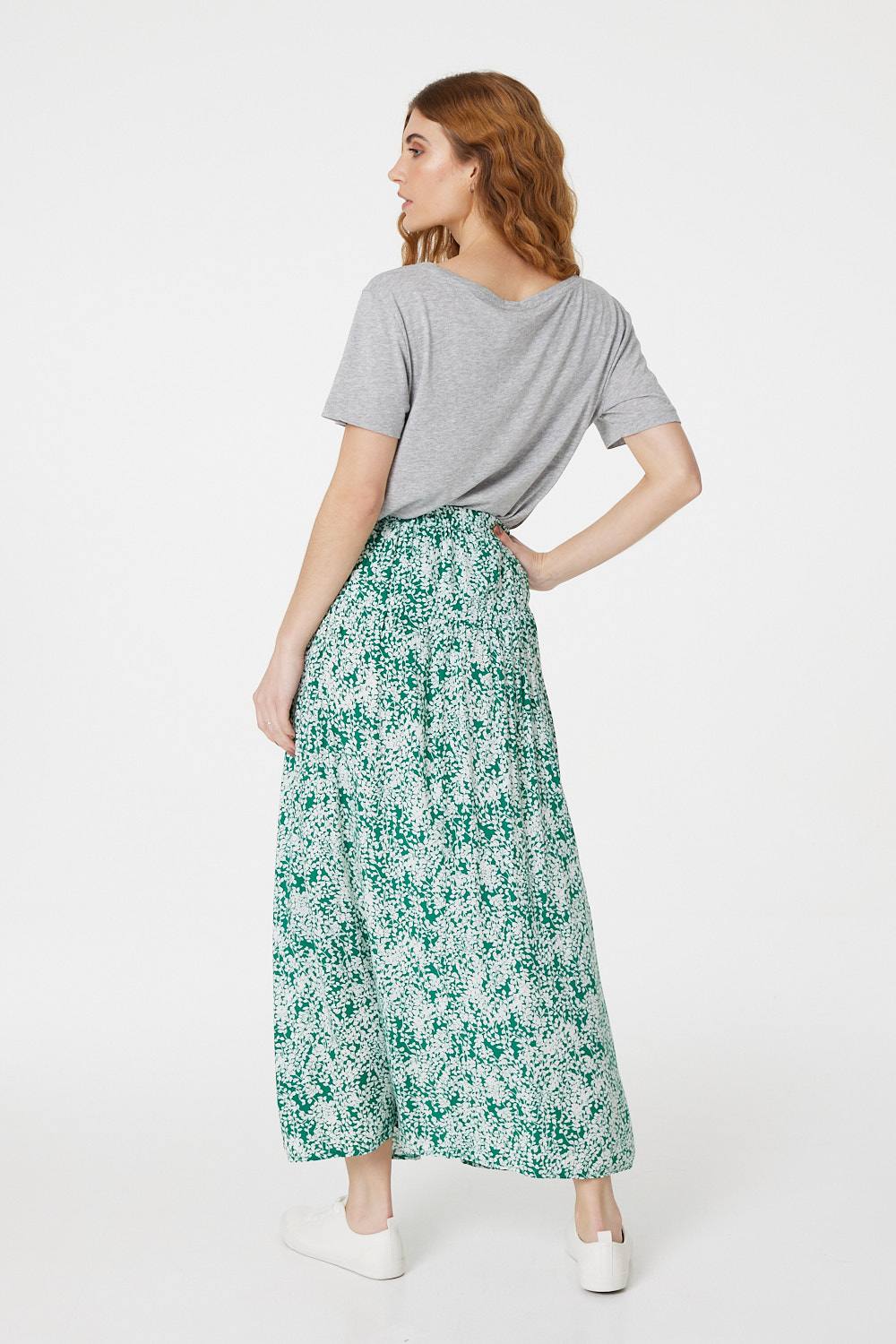 Green | Leaf Print Button Front Midi Skirt