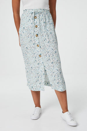 Green | Ditsy Floral Button Front Midi Skirt