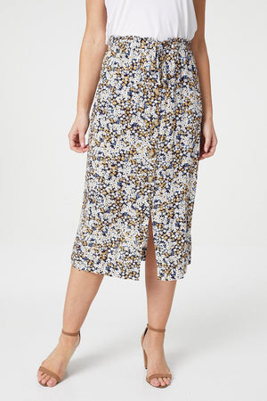 Navy | Ditsy Floral Button Front Midi Skirt