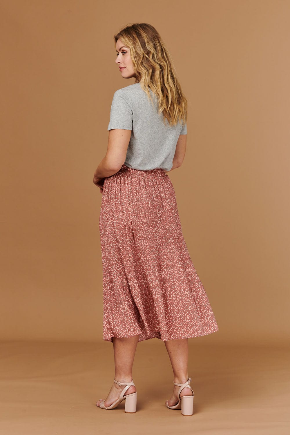 Beige | Ditsy Print Pleated Midi Skirt
