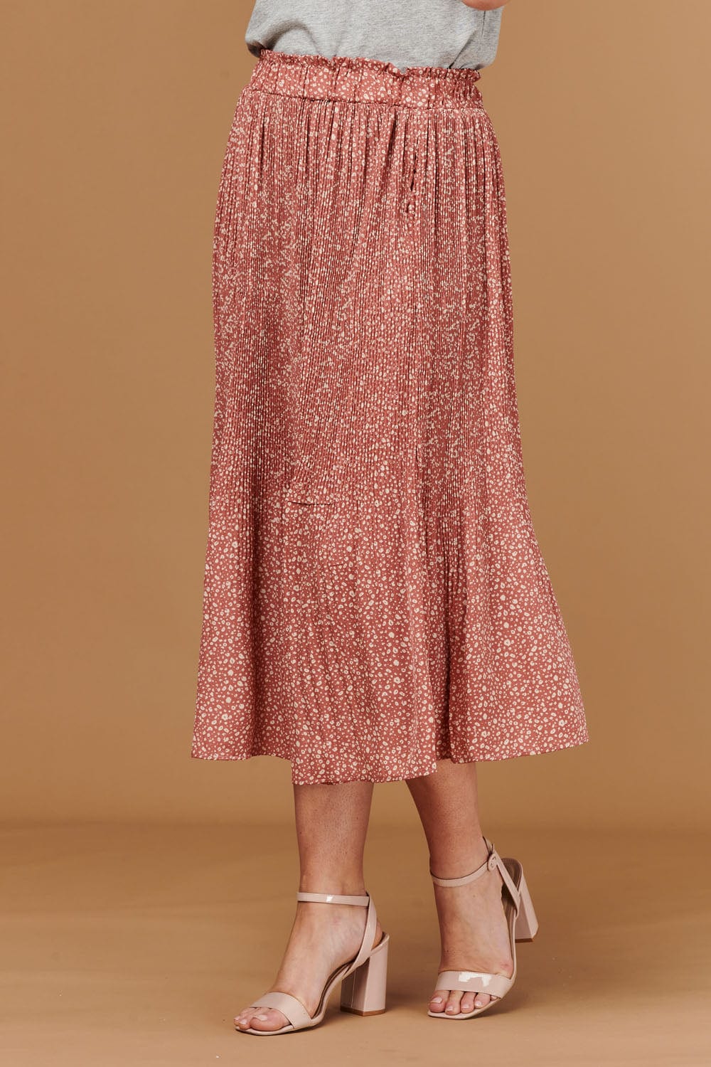 Beige | Ditsy Print Pleated Midi Skirt