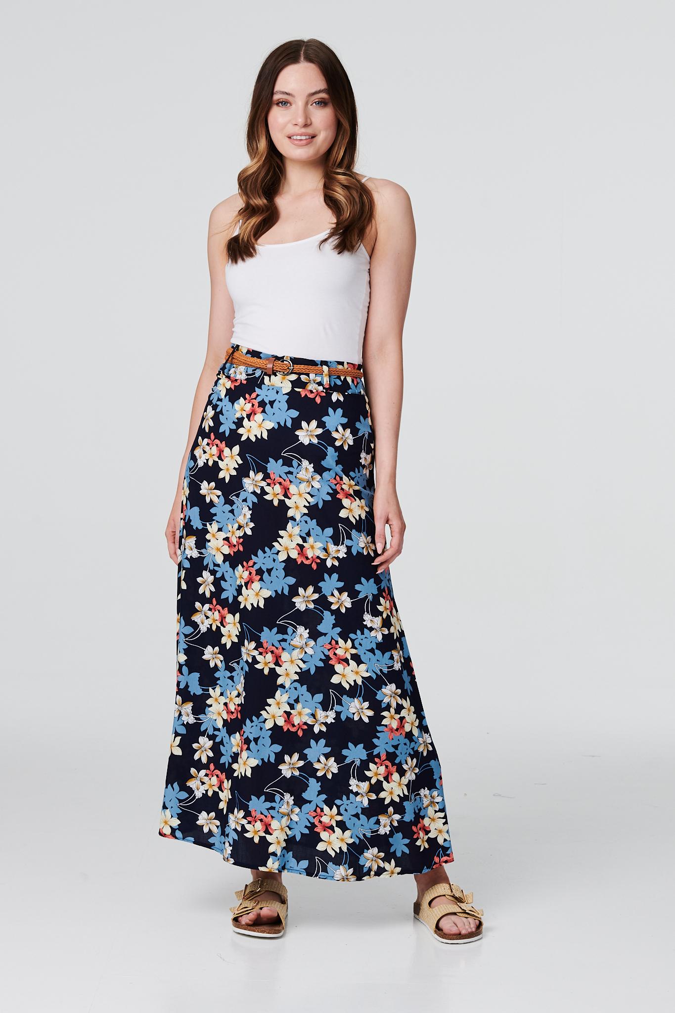 Navy | Floral Belted A-Line Maxi Skirt