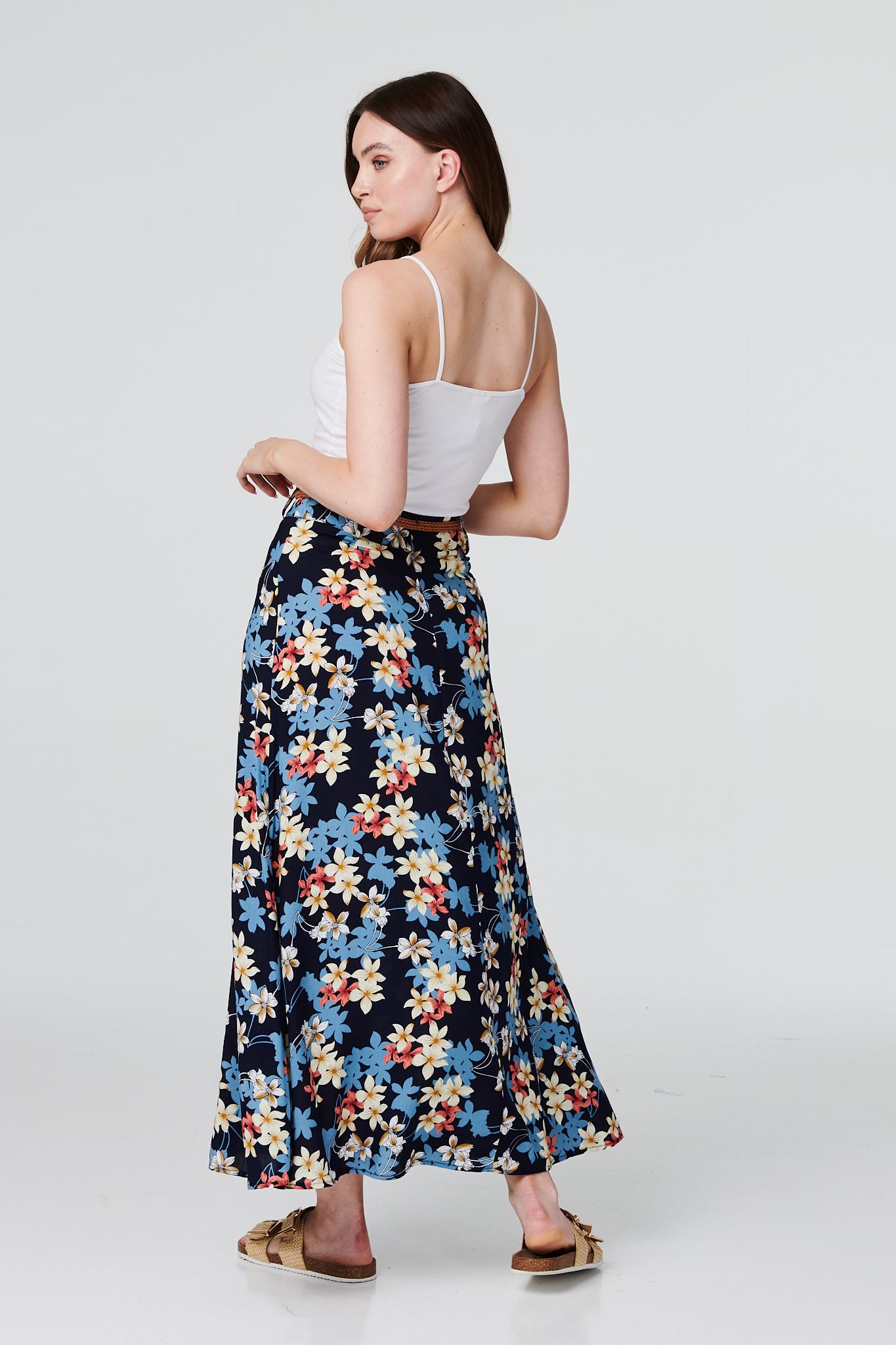 Navy | Floral Belted A-Line Maxi Skirt