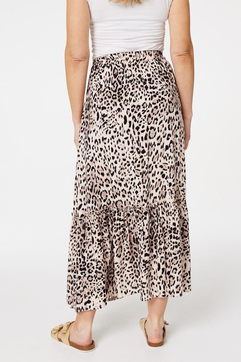 Beige | Animal Print Tiered Maxi Skirt