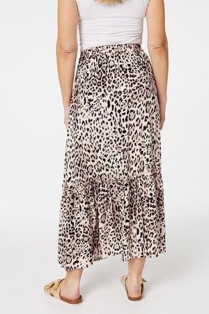 Beige | Animal Print Tiered Maxi Skirt