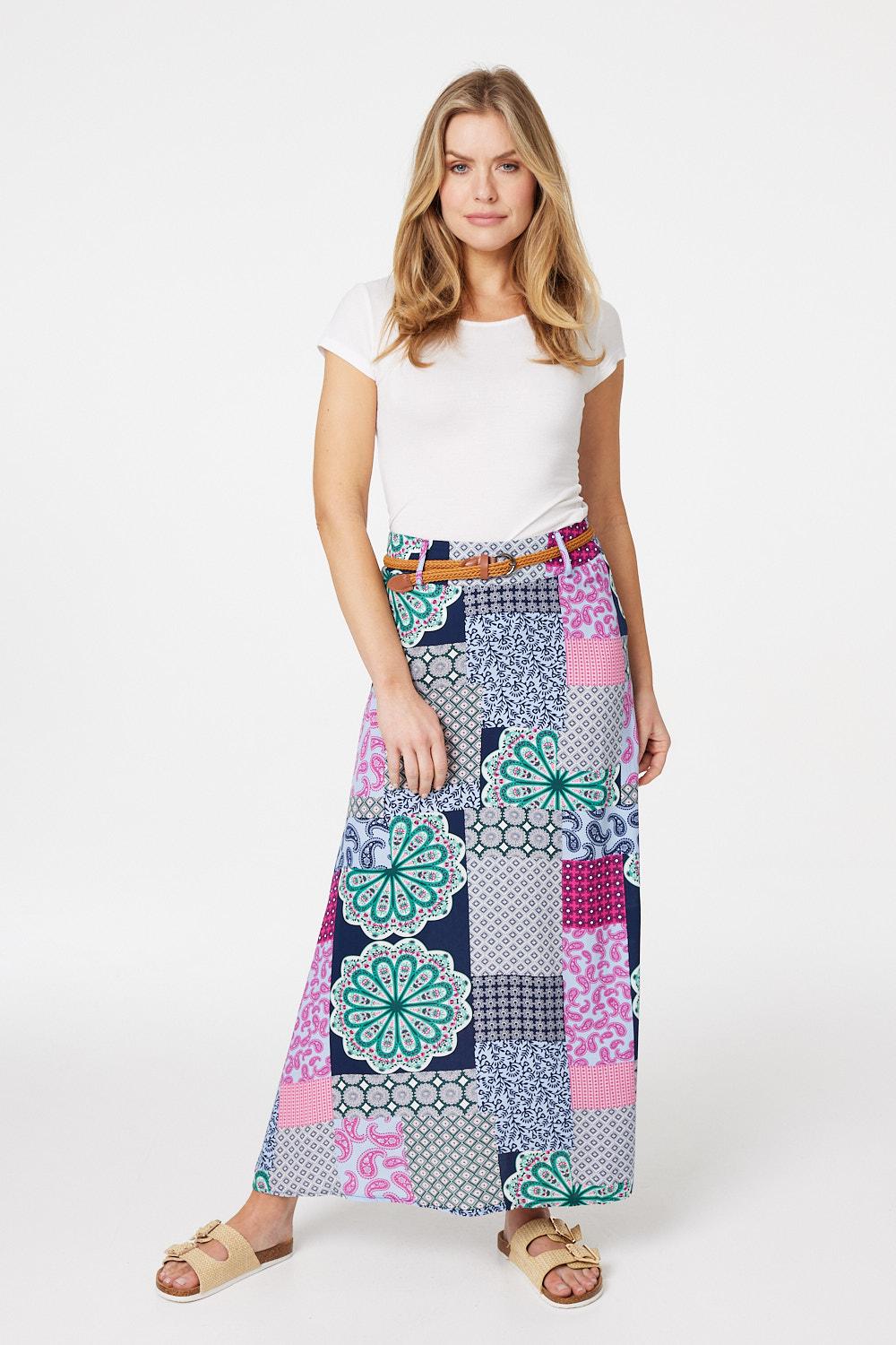 Navy | Patchwork Print A-Line Maxi Skirt
