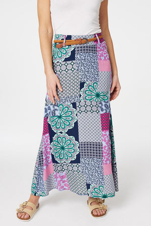 Navy | Patchwork Print A-Line Maxi Skirt