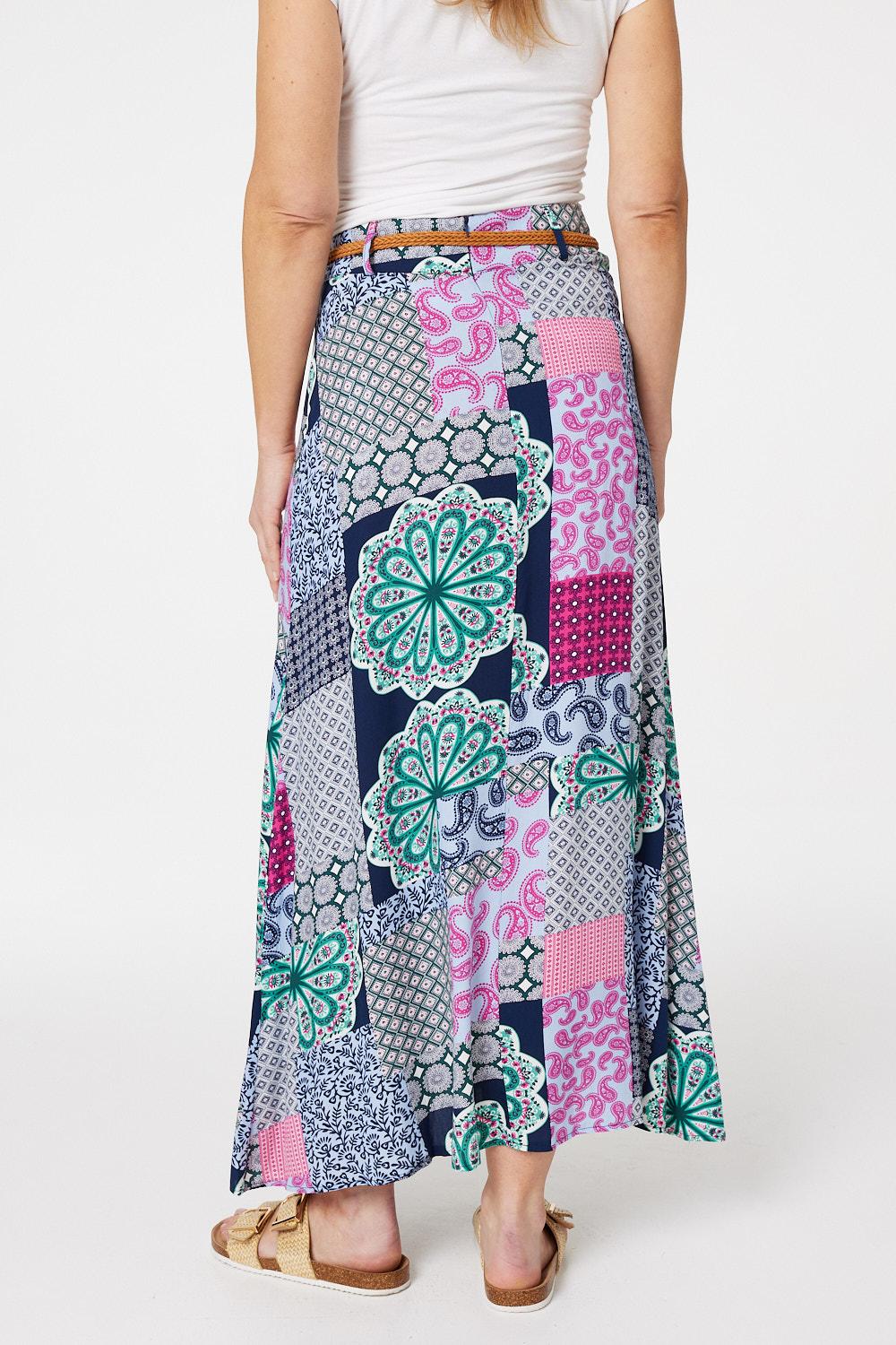 Navy | Patchwork Print A-Line Maxi Skirt